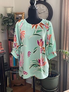 entro Mint Floral Puff-Sleeve Blouse with Pink & Orange Accents